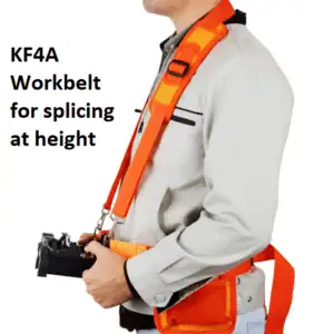 A man wearing a workbelt for holding a KF4A fusion splicer when working at height