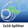 A 1 by 16 way optical splitter showing one input fibre and sixteen output fibres