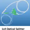 A 1 by 4 way optical splitter showing one input fibre and four output fibres