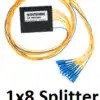 A 1 by 8 way optical splitter showing one input fibre and eight output fibres