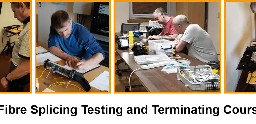 Fibre Optic Training Courses from Opticus showing people involved in the training fusion splicing, OTDR testing, and fibre terminating