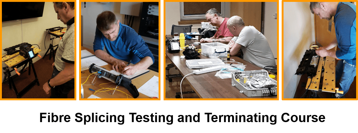 Fibre Optic Training Courses from Opticus showing people involved in the training fusion splicing, OTDR testing, and fibre terminating