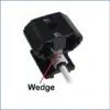 FAST Connector showing wedge mechanism. When the wedge is engaged into the connector body, the internal fibre clamp opens to allow the fibre to be inserted, when the wedge is disengaged the fibre is clamped